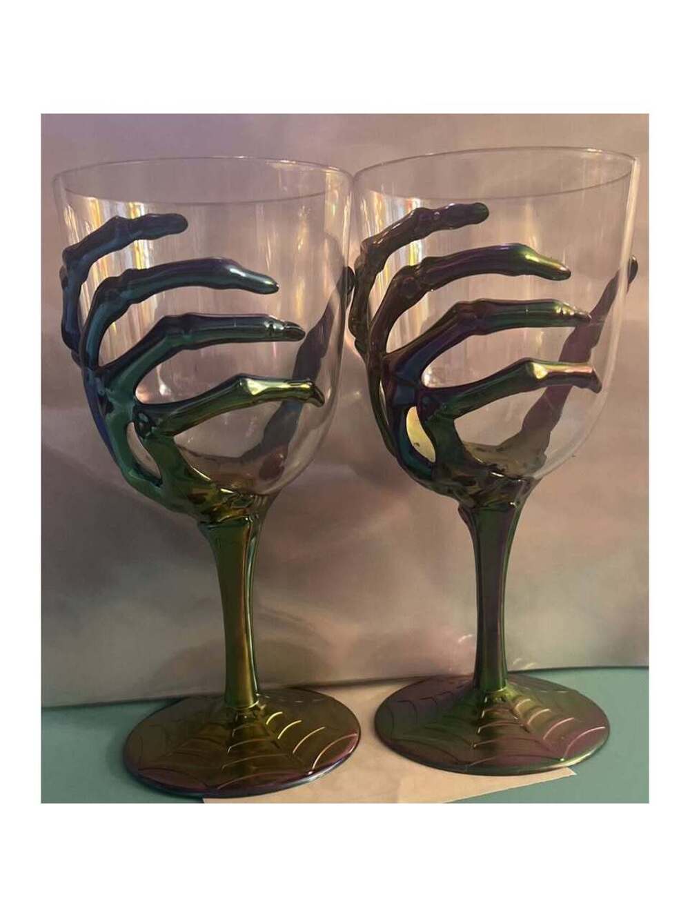 HALLOWEEN DRINKING CUPS 2 Iridescent Skeleton Hand wine cups with Spiderweb Base
